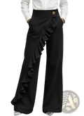 Black denim wide leg ruffle pants high waist with distinctive side ruffle panel and gold tone button at the waist