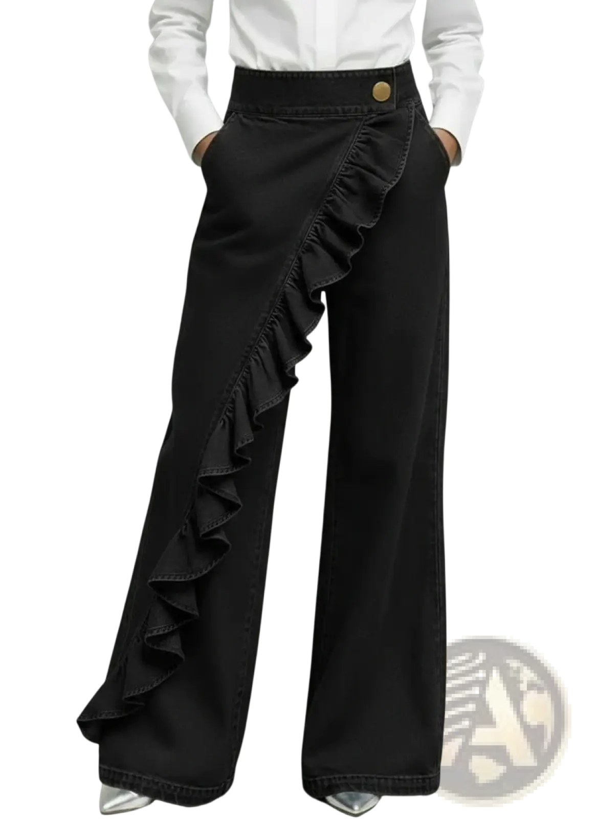Black denim wide leg ruffle pants high waist with distinctive side ruffle panel and gold tone button at the waist
