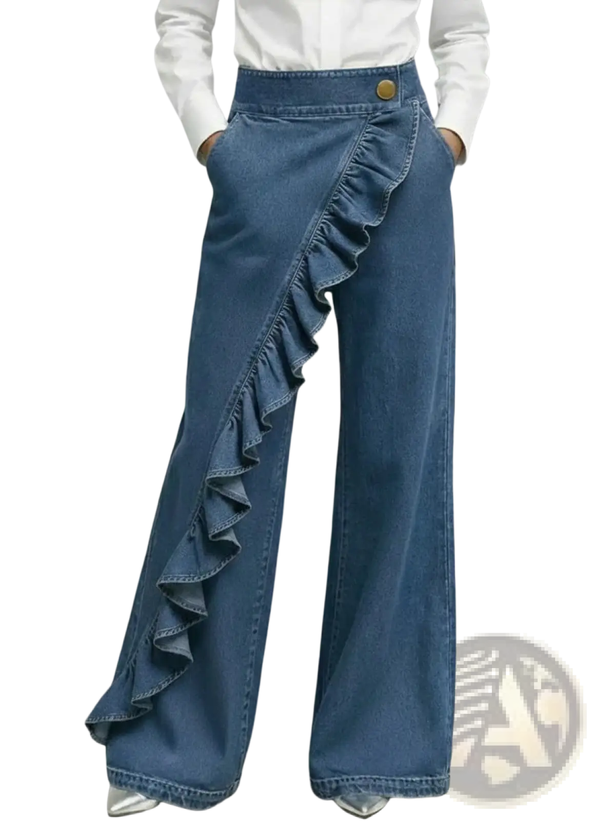 Blue denim wide leg ruffle pants high waist with cascading ruffle detail and gold toned button at the waist