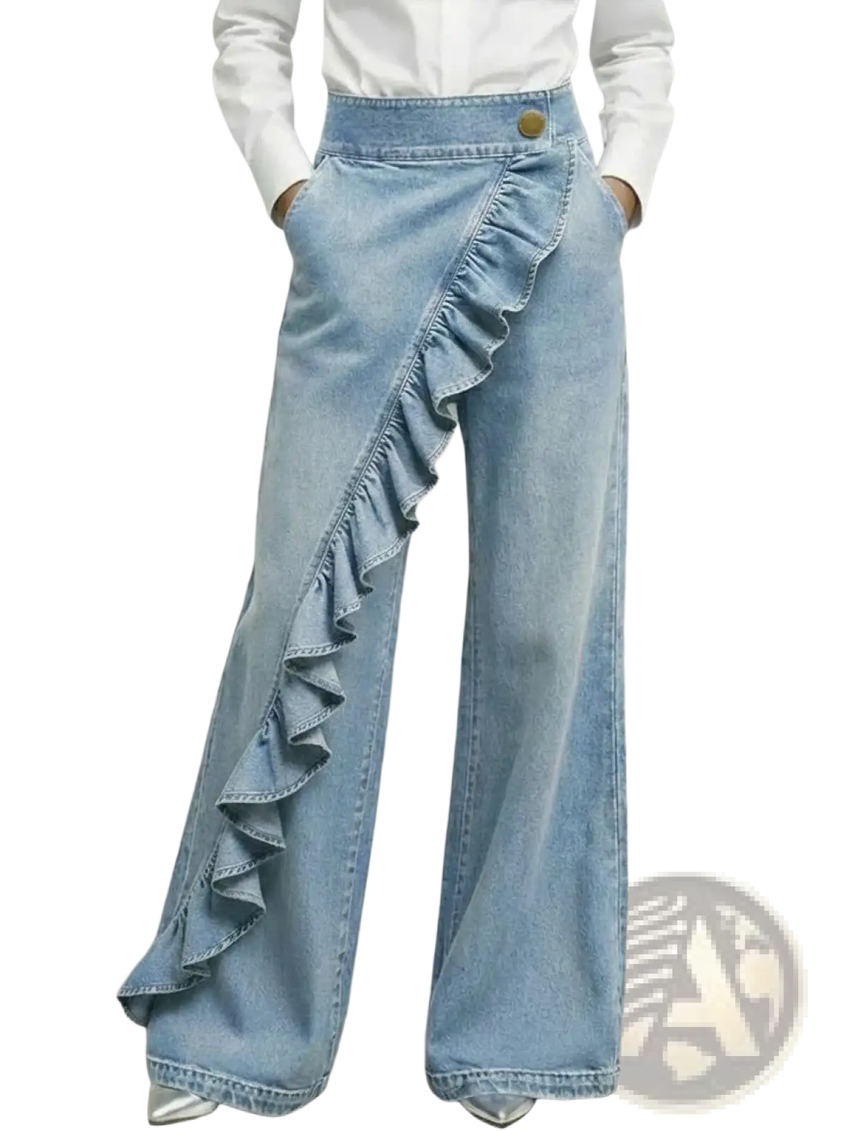 Light-wash denim wide-leg ruffle pants high waist featuring cascading side seam ruffle detail