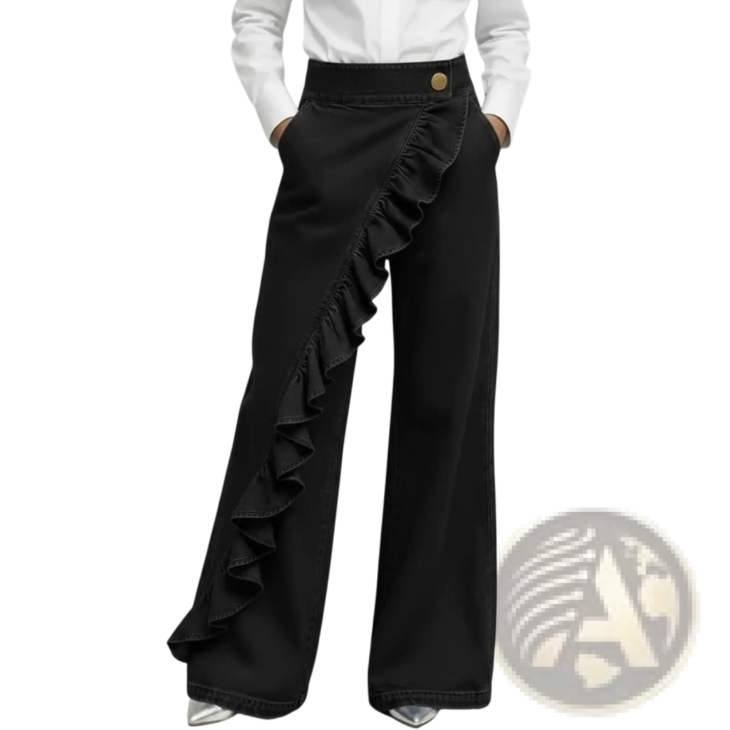Denim wide leg ruffle pants high waist featuring black denim fabric with ruffled side panel and gold-tone waist button