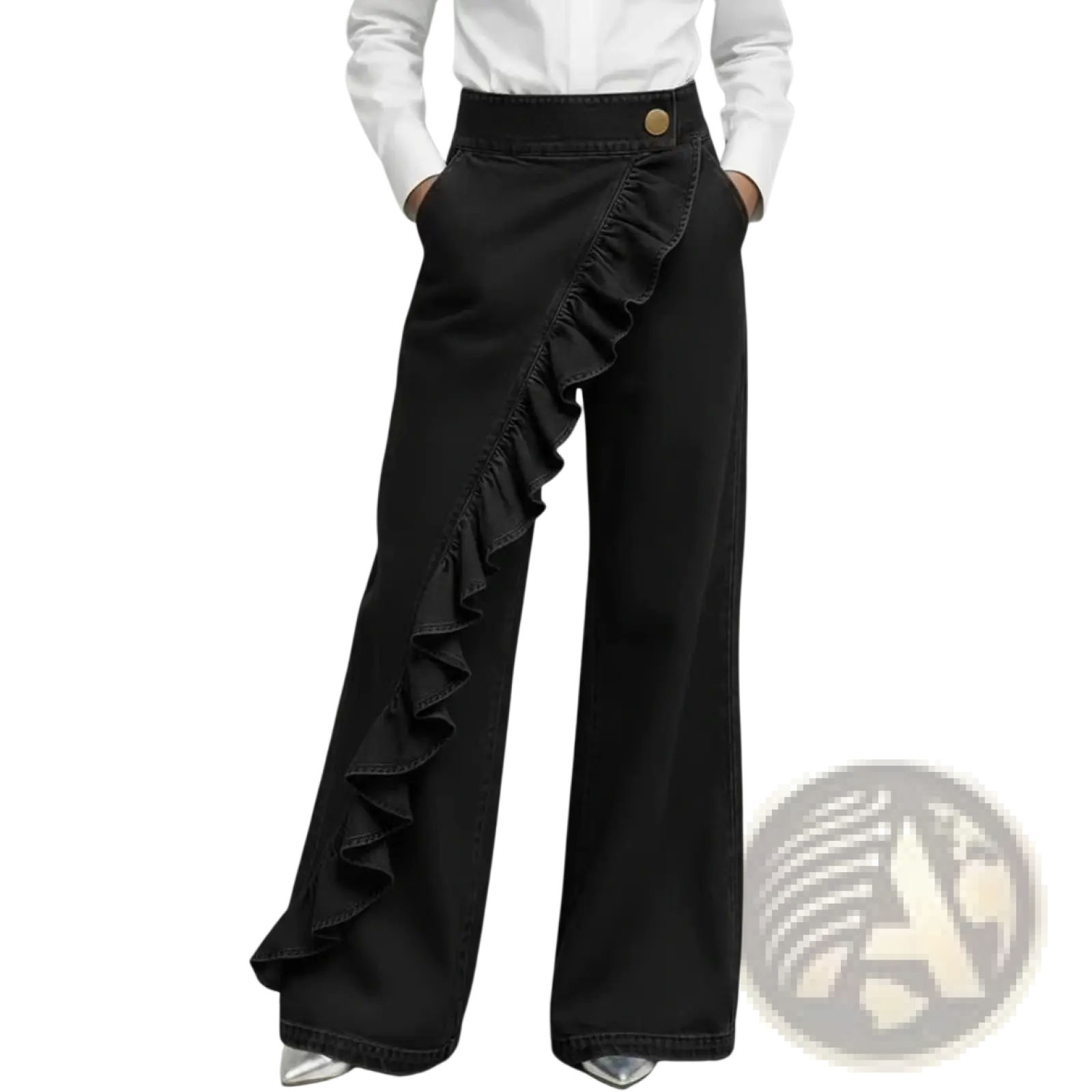 Denim wide leg ruffle pants high waist featuring black denim fabric with ruffled side panel and gold-tone waist button