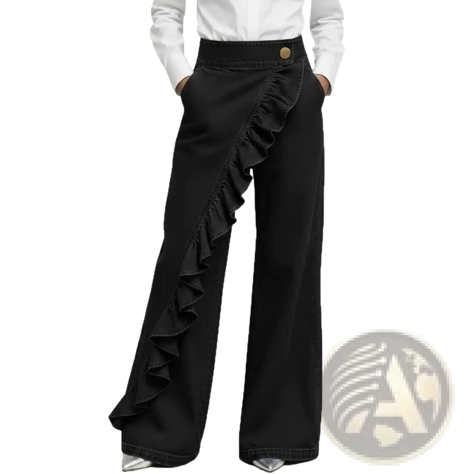 Black denim wide-leg ruffle pants with high waist and gold-tone button featuring a distinctive side panel