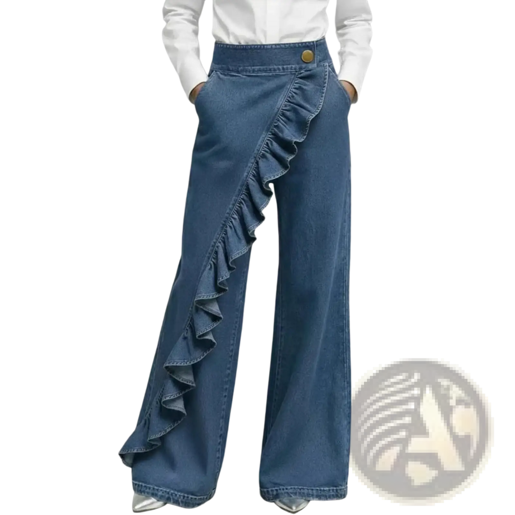 Blue denim wide-leg pants with decorative ruffled side panel and gold-tone button at high waist