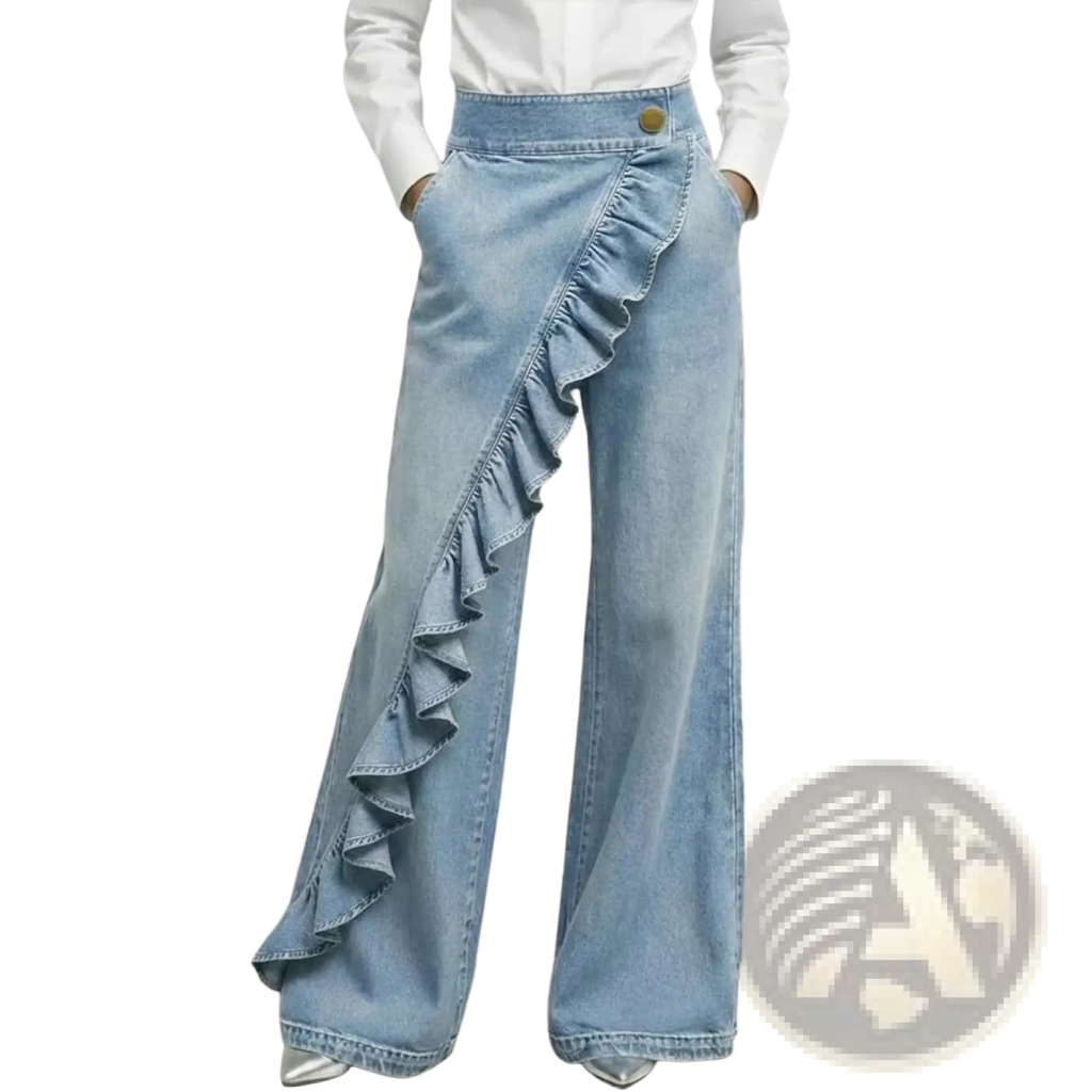 Light-wash denim wide-leg pants with high waist and distinctive ruffled side panel detail