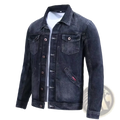 Dark-wash denim workwear jacket with slim fit, button-front design, subtle fading, and casual outerwear style