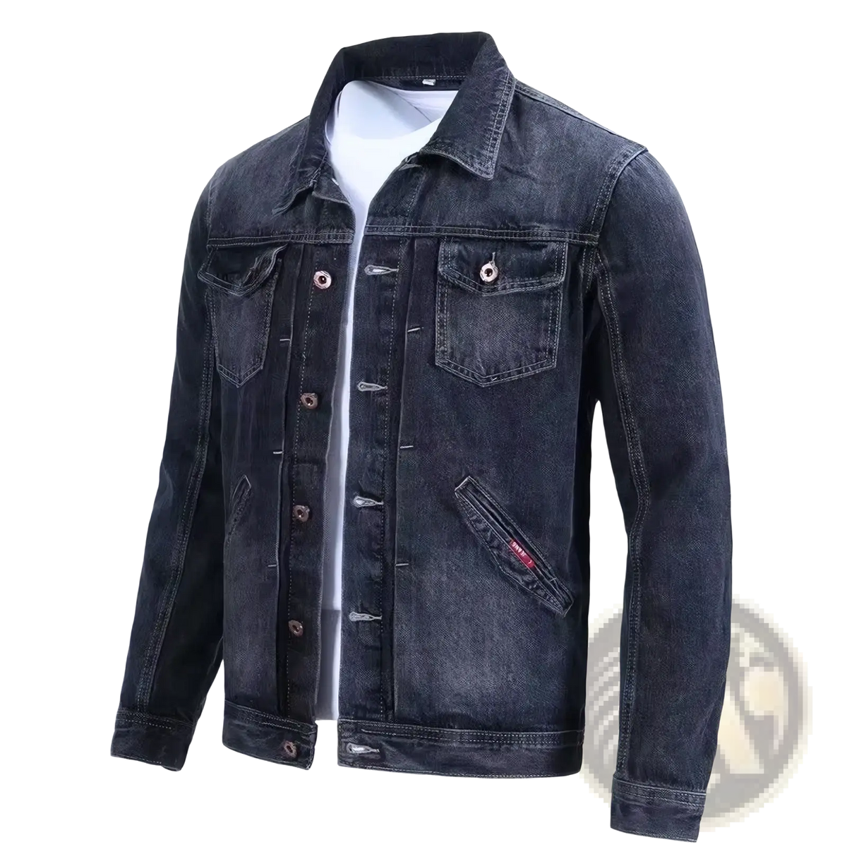 Dark-wash denim workwear jacket with slim fit, button-front design, subtle fading, and casual outerwear style