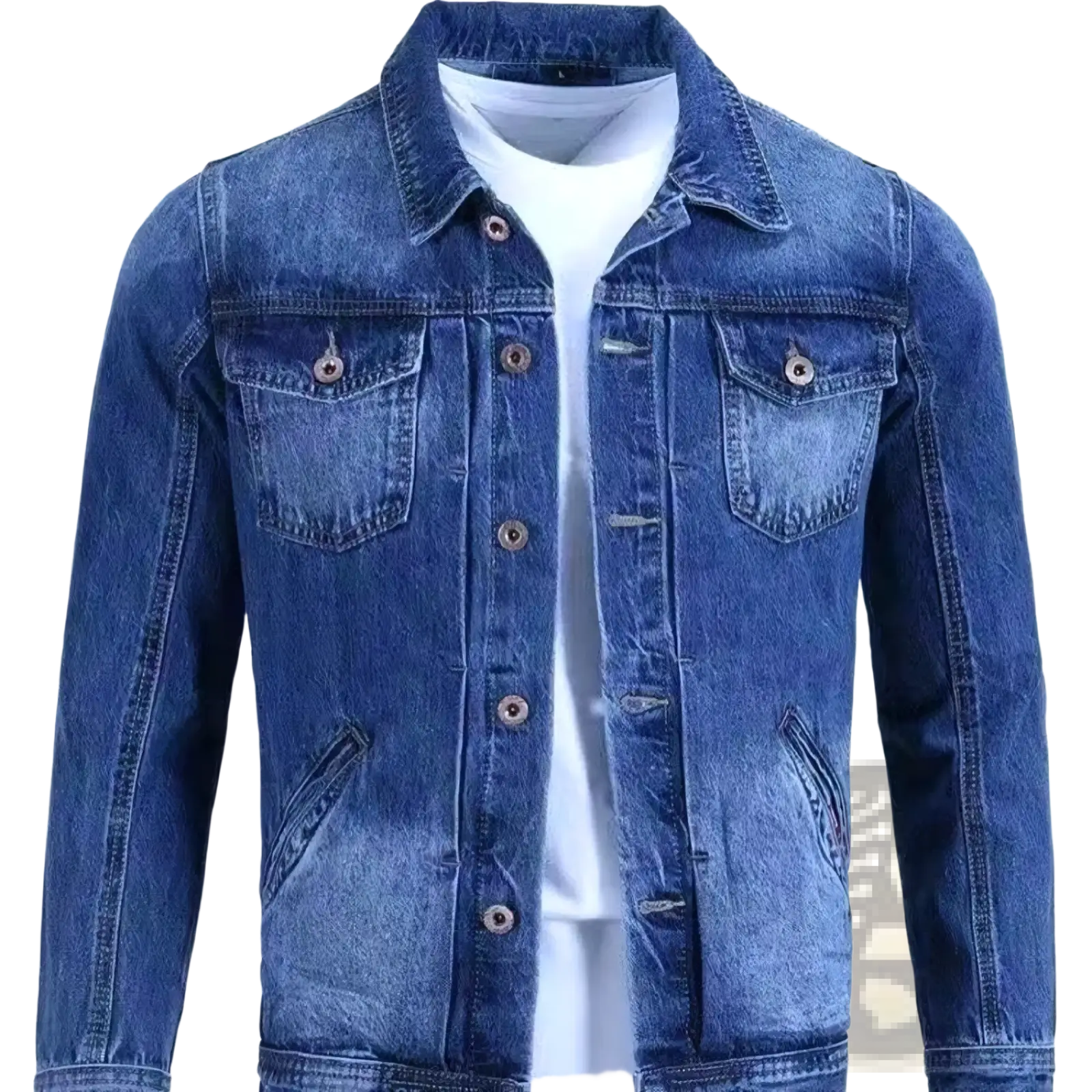 Blue denim workwear jacket with brown buttons and classic chest pockets slim fit casual outerwear