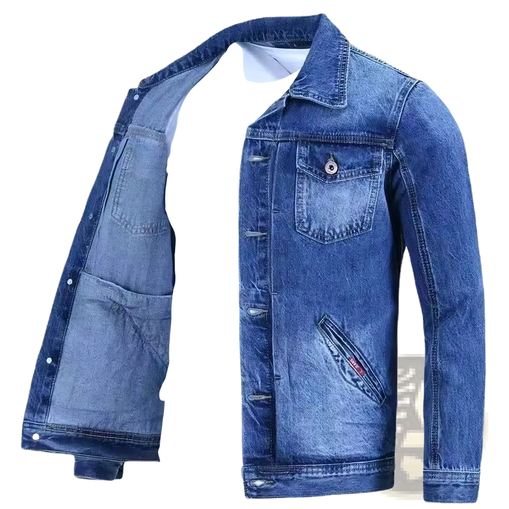 Blue denim workwear jacket with a classic collar, button closures, and two front pockets in slim fit casual style