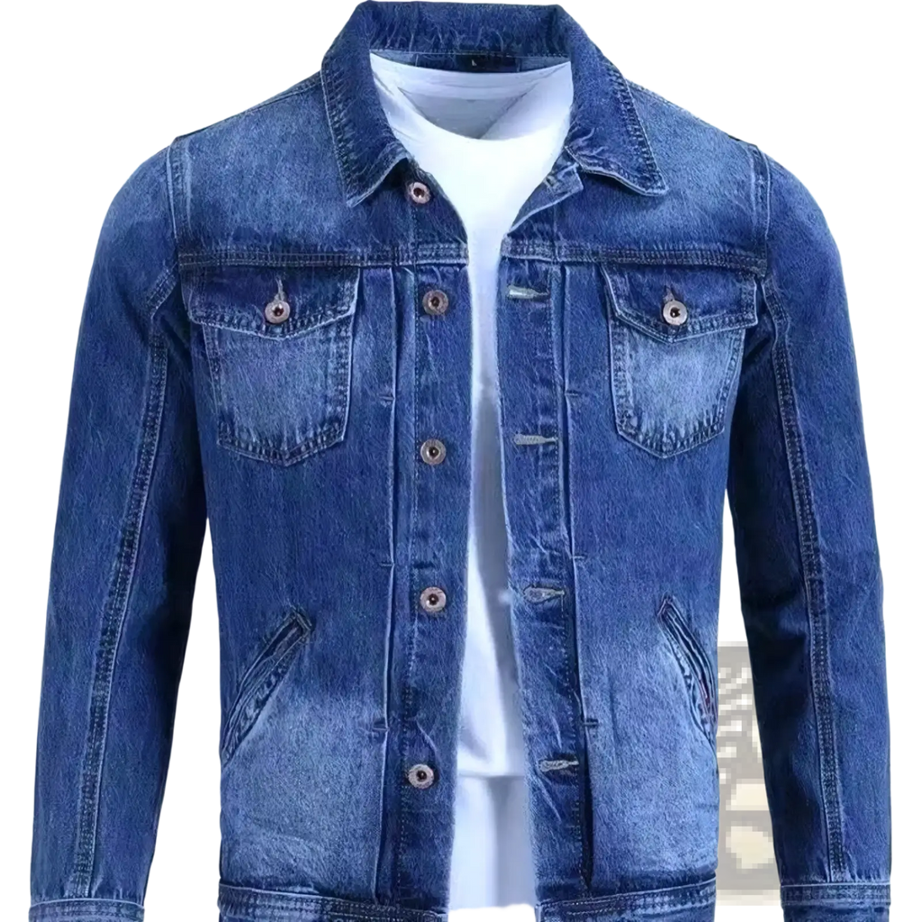 Blue denim workwear jacket slim fit with brown buttons and classic chest pockets for casual outerwear use