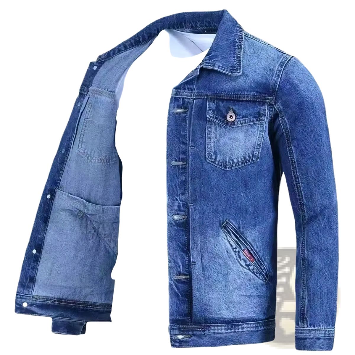 Blue denim workwear jacket with classic collar button closures and two front pockets slim fit casual outerwear