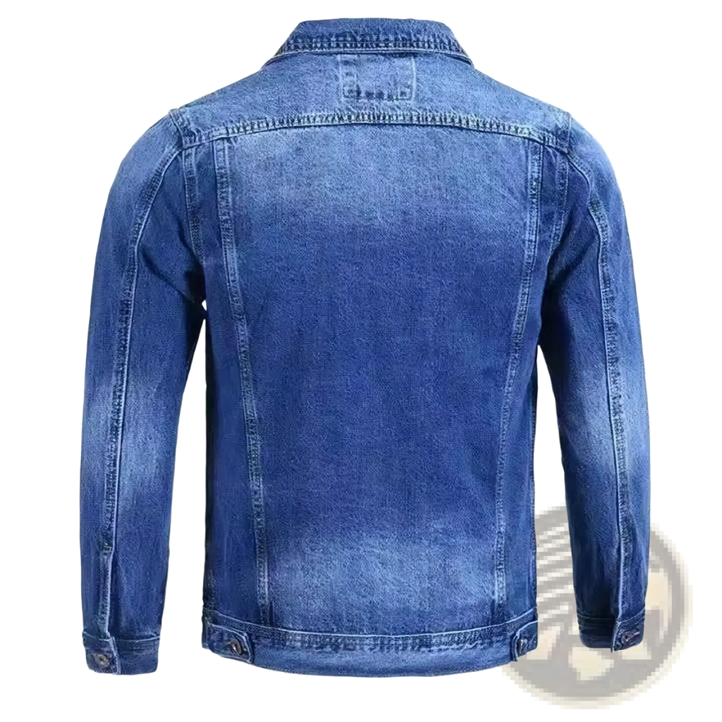 Blue denim workwear jacket with classic fit and subtle fading for a worn-in casual outerwear look