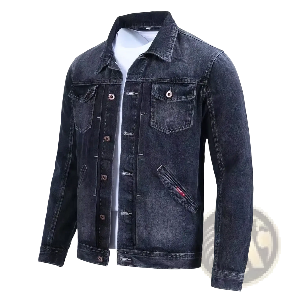 Dark-wash denim workwear jacket slim fit with classic button-front design and subtle fading for casual outerwear