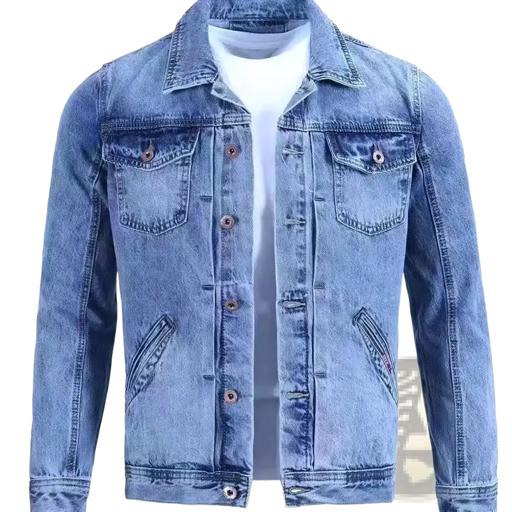 Light-wash denim workwear jacket with slim fit, classic button-front design, and brown buttons for casual outerwear