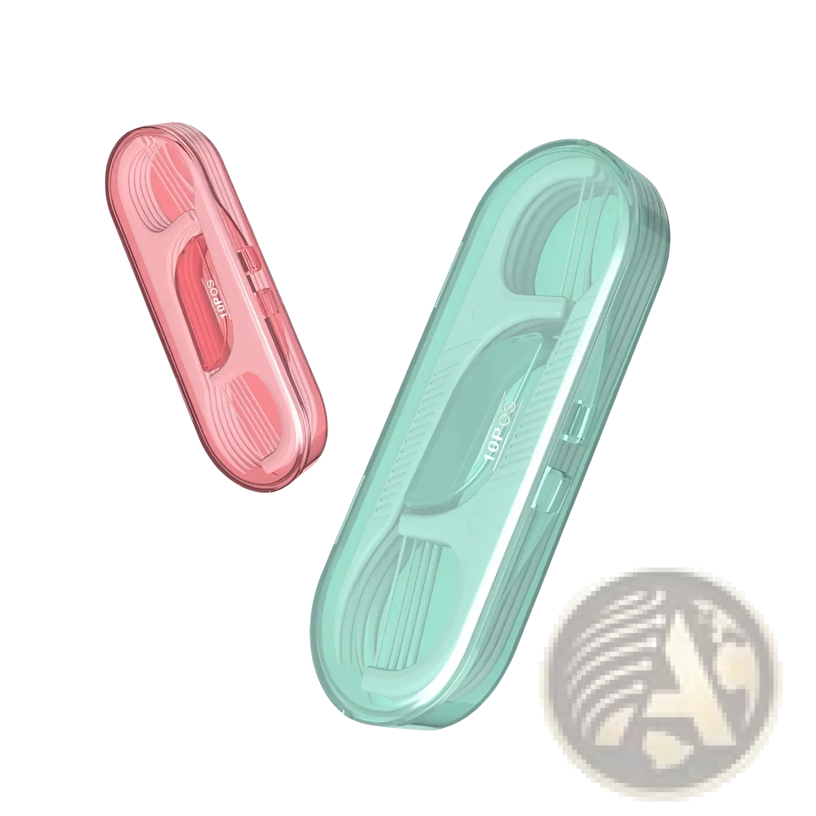 Transparent green and pink plastic cases each holding dental floss picks in a 100 count individual packets pack