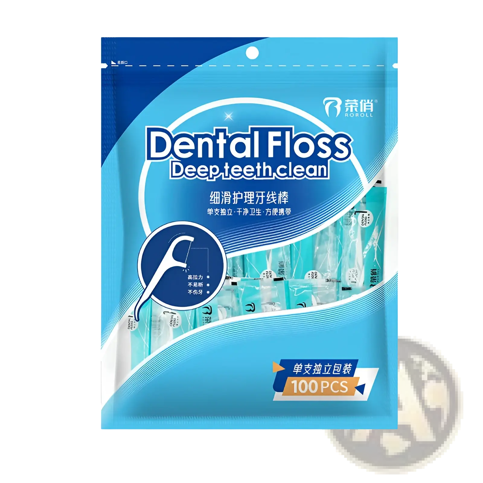 Blue and white packaged dental floss picks with 100 single-use individual sachets for convenient oral care use