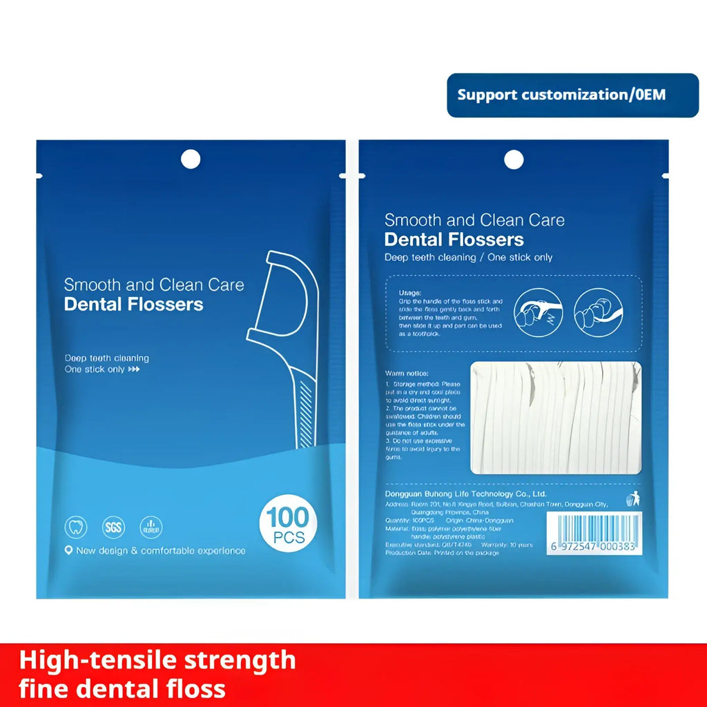 Blue package of 100 white dental floss picks in individual packets for deep teeth cleaning and oral hygiene