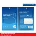Blue package of 100 white dental floss picks in individual packets for deep teeth cleaning and oral hygiene