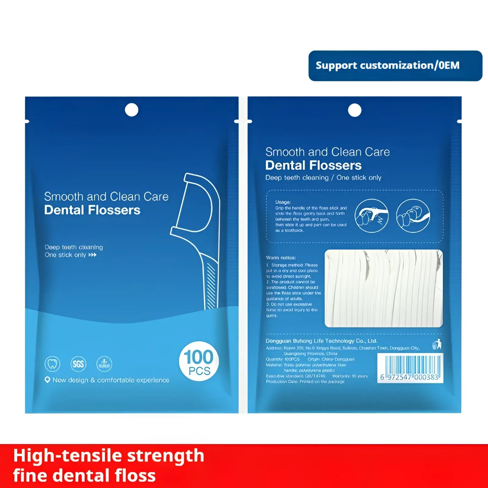 Blue package of 100 white dental floss picks in individual packets for deep teeth cleaning and oral hygiene