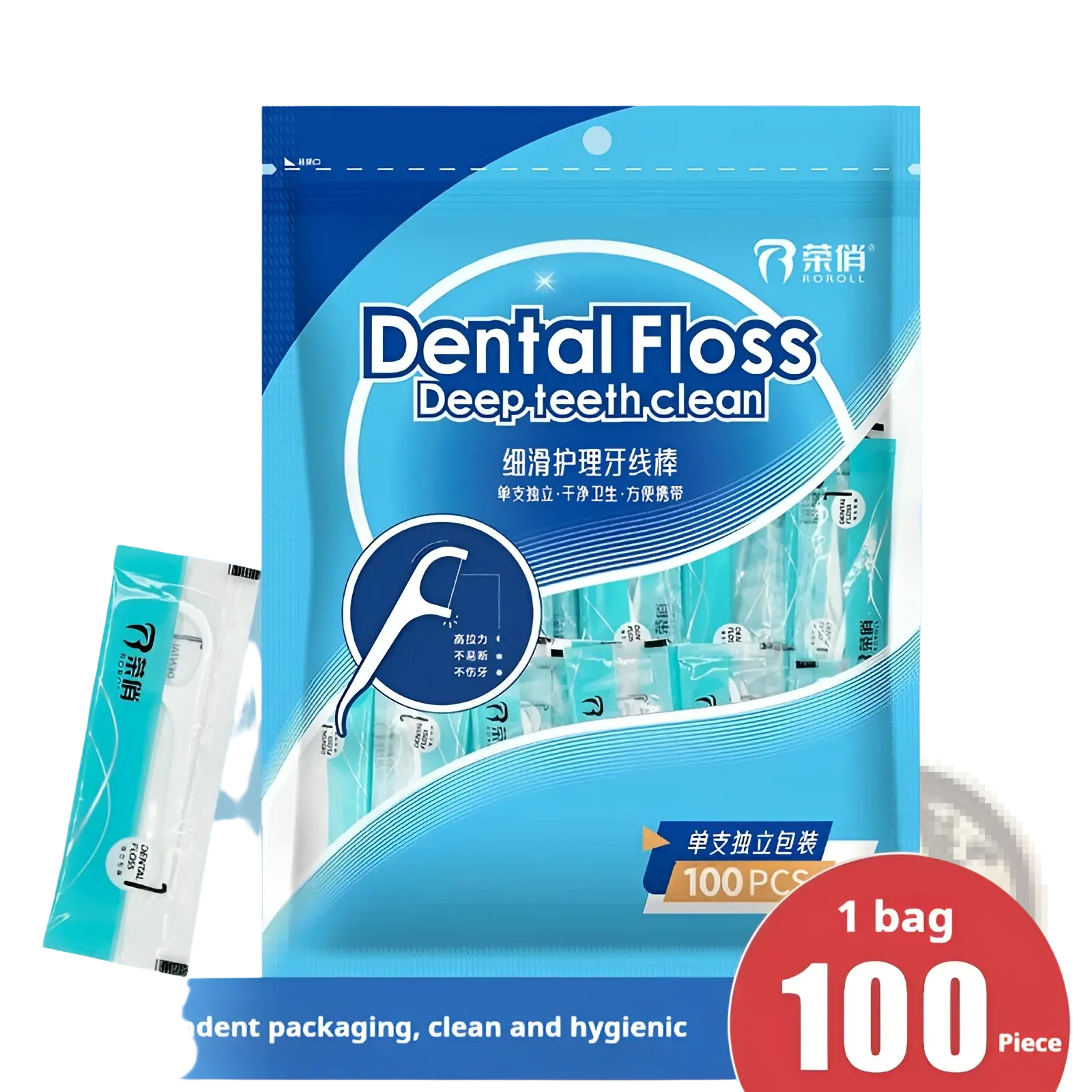 Dental floss picks 100 count in blue and white individual sterile packets for single use dental care