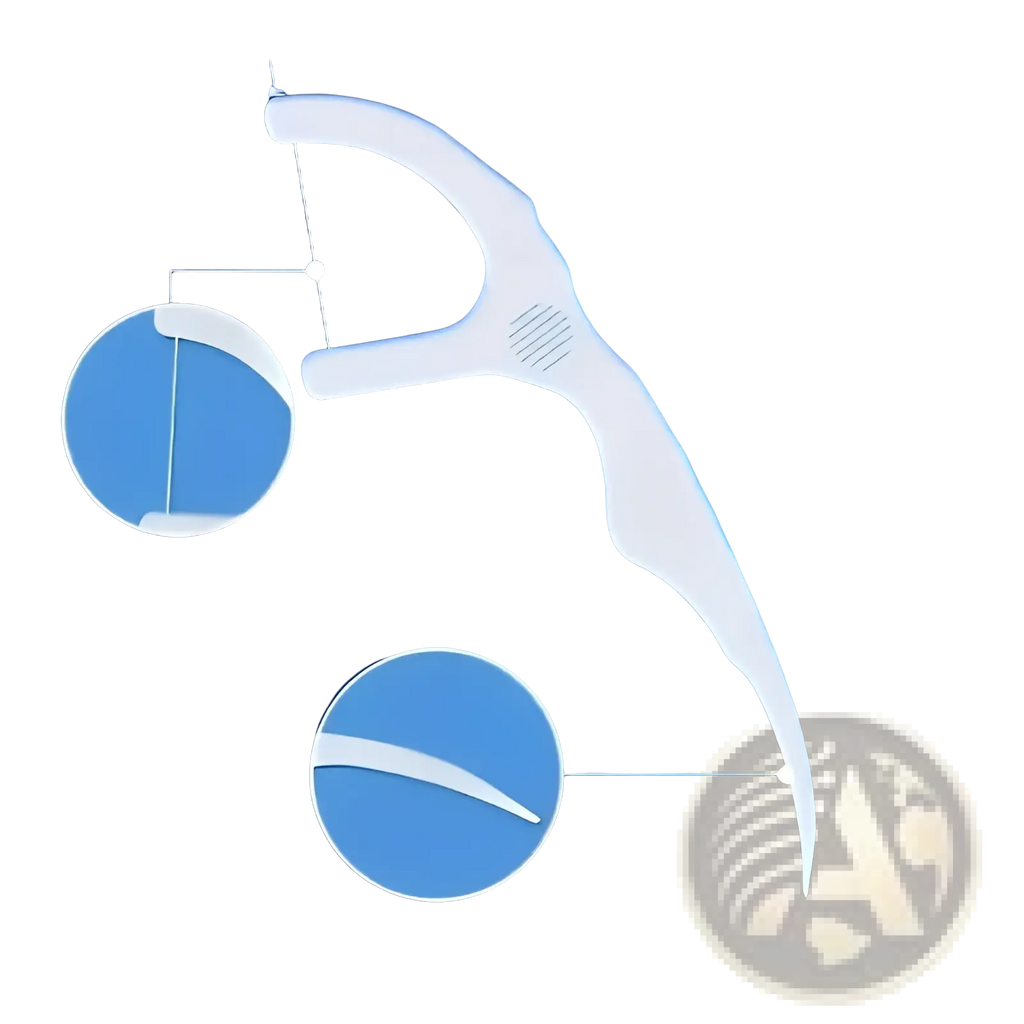 White plastic dental floss pick with curved handle and integrated string guide from a 150 count interdental brush set