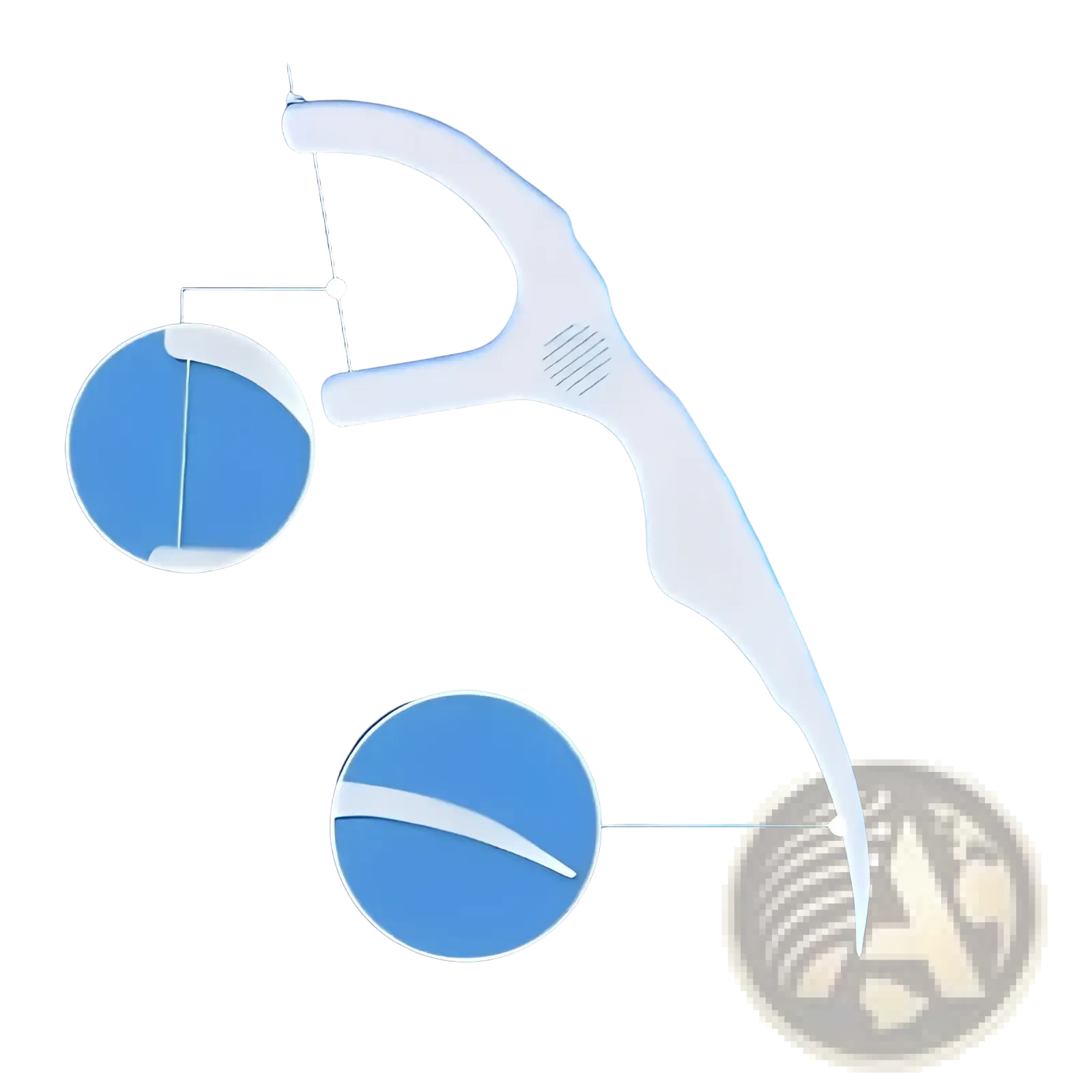 White plastic dental floss pick with curved handle and integrated string guide from a 150 count interdental brush set