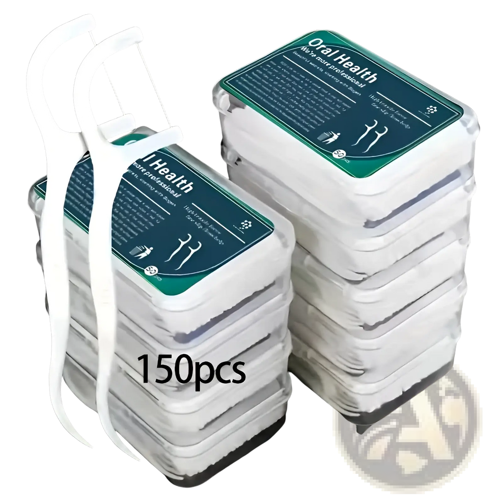 White plastic dental floss picks with curved handle and fine wire in clear 150 piece oral health containers