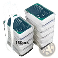 White plastic dental floss picks with curved handle and fine wire in clear 150 piece oral health containers