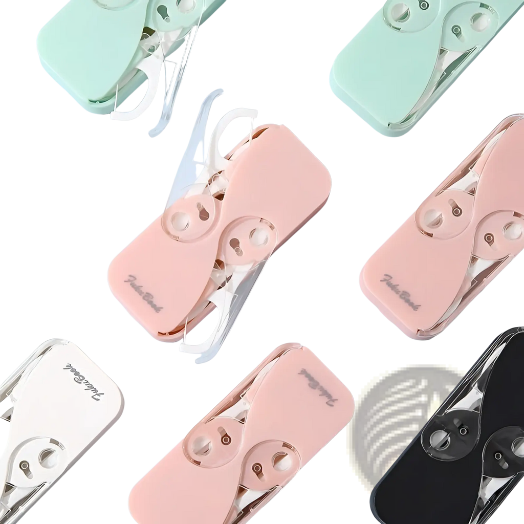 Pastel pink plastic handheld dental floss storage box with automatic pop up case and clear window spool