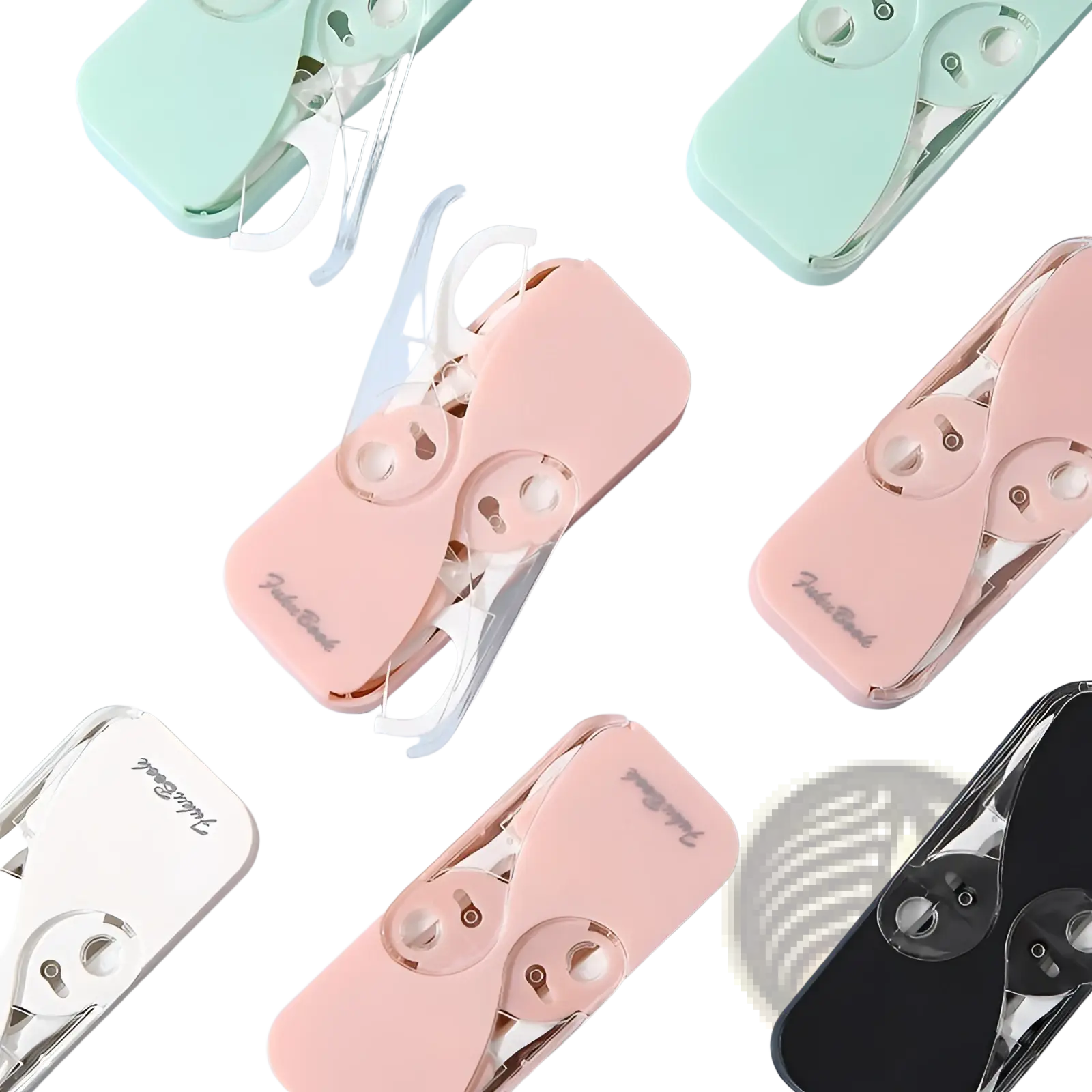Pastel pink plastic handheld dental floss storage box with automatic pop up case and clear window spool