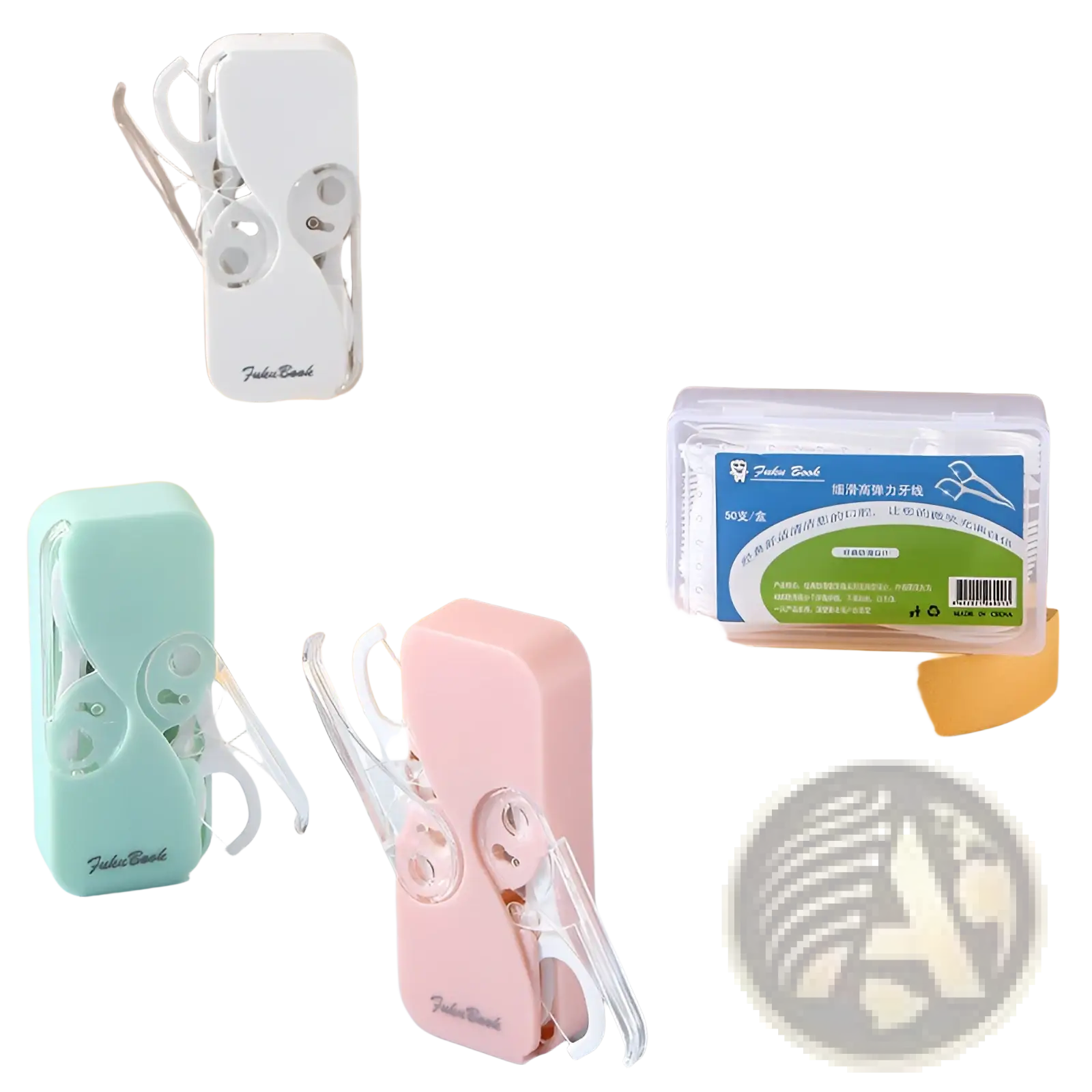 Pastel-colored plastic dental floss storage box with clear acrylic handles and automatic pop-up case with white branding