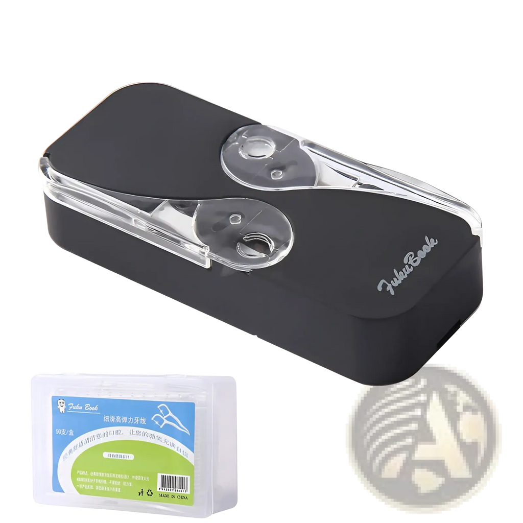 Dental floss storage box with automatic pop up case includes black plastic floss cutter with transparent handles and silver logo