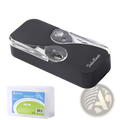 Dental floss storage box with automatic pop up case includes black plastic floss cutter with transparent handles and silver logo