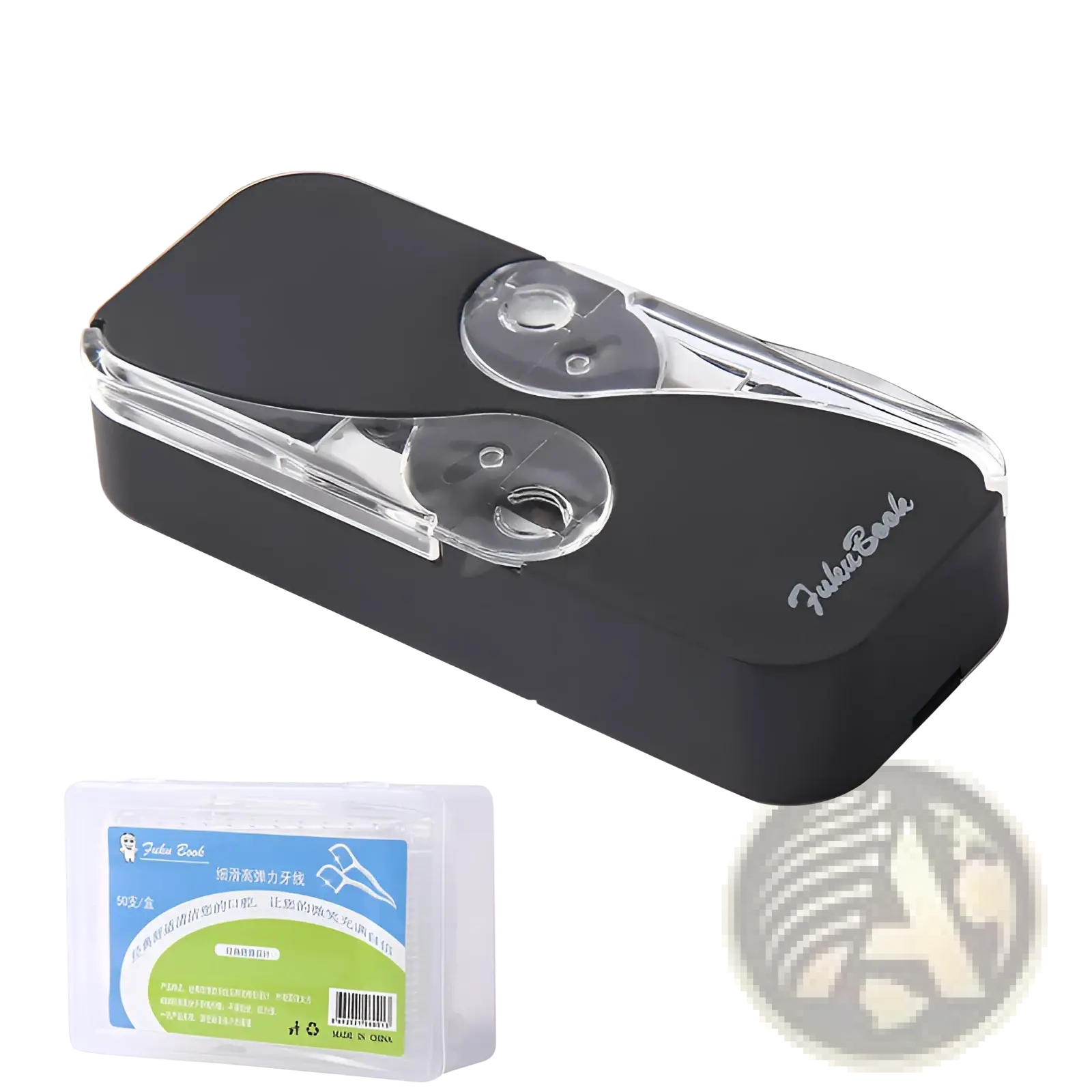 Dental floss storage box with automatic pop up case includes black plastic floss cutter with transparent handles and silver logo