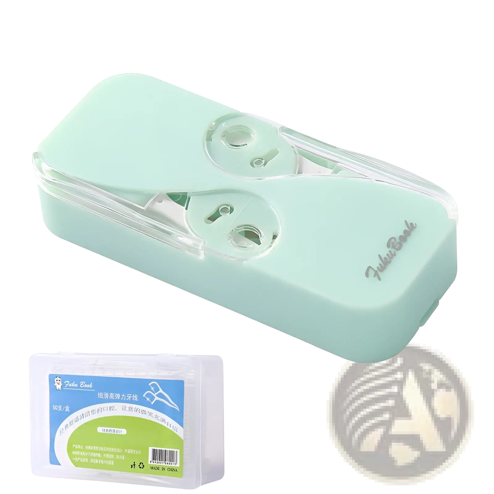 Mint green plastic dental floss storage box with automatic pop up case clear window and silver logo on front