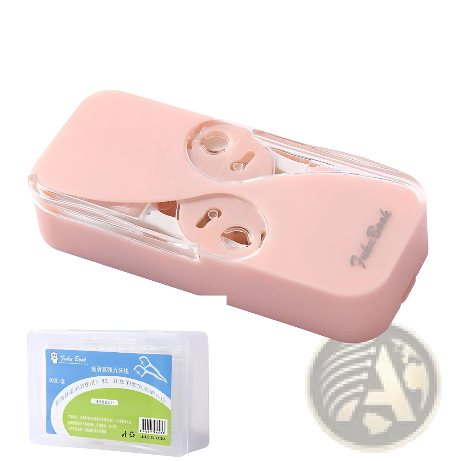 Pink plastic dental floss storage box with automatic pop up case and clear window branded fudai book