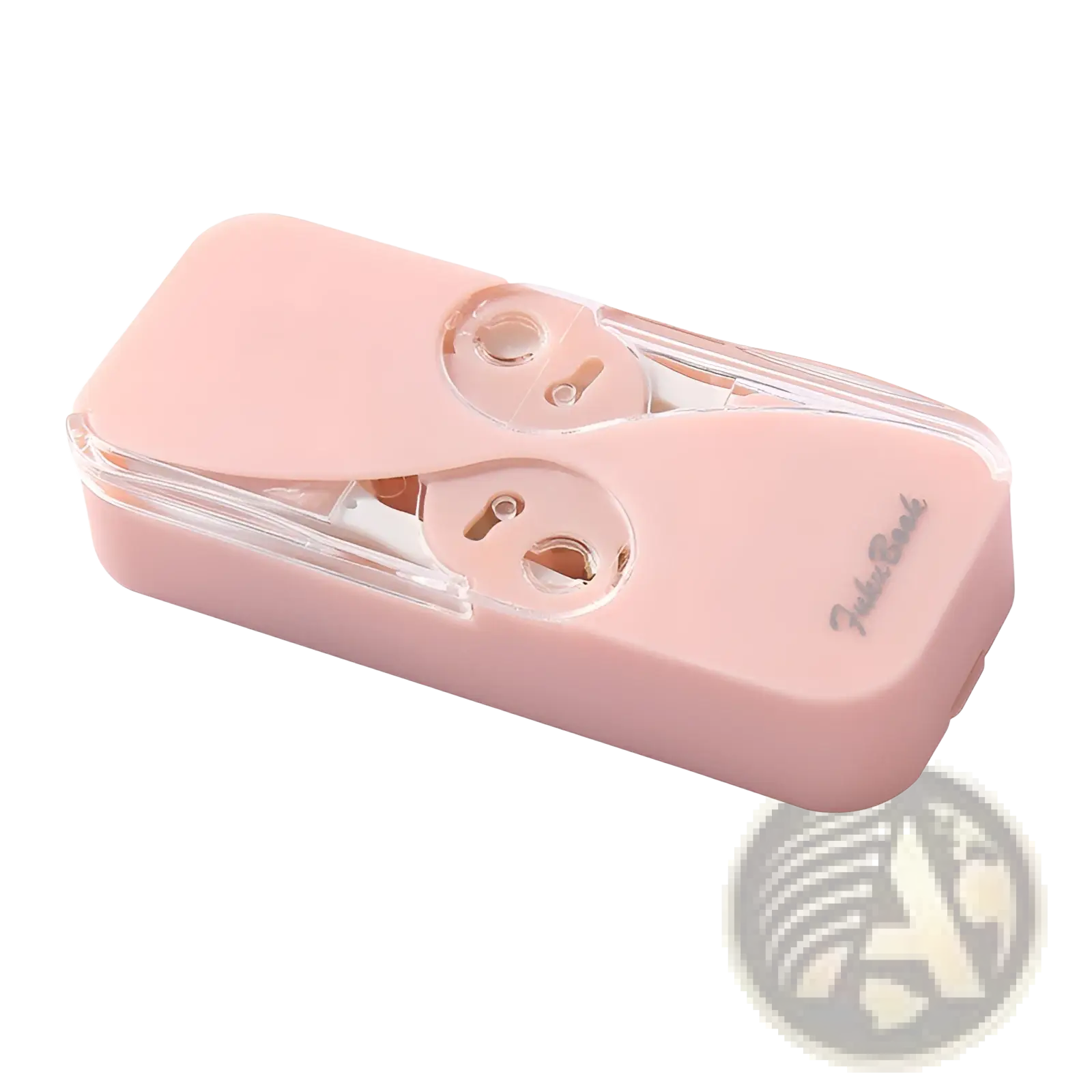Pink plastic dual-roller tape dispenser with clear acrylic accents in dental floss storage box with automatic pop up case