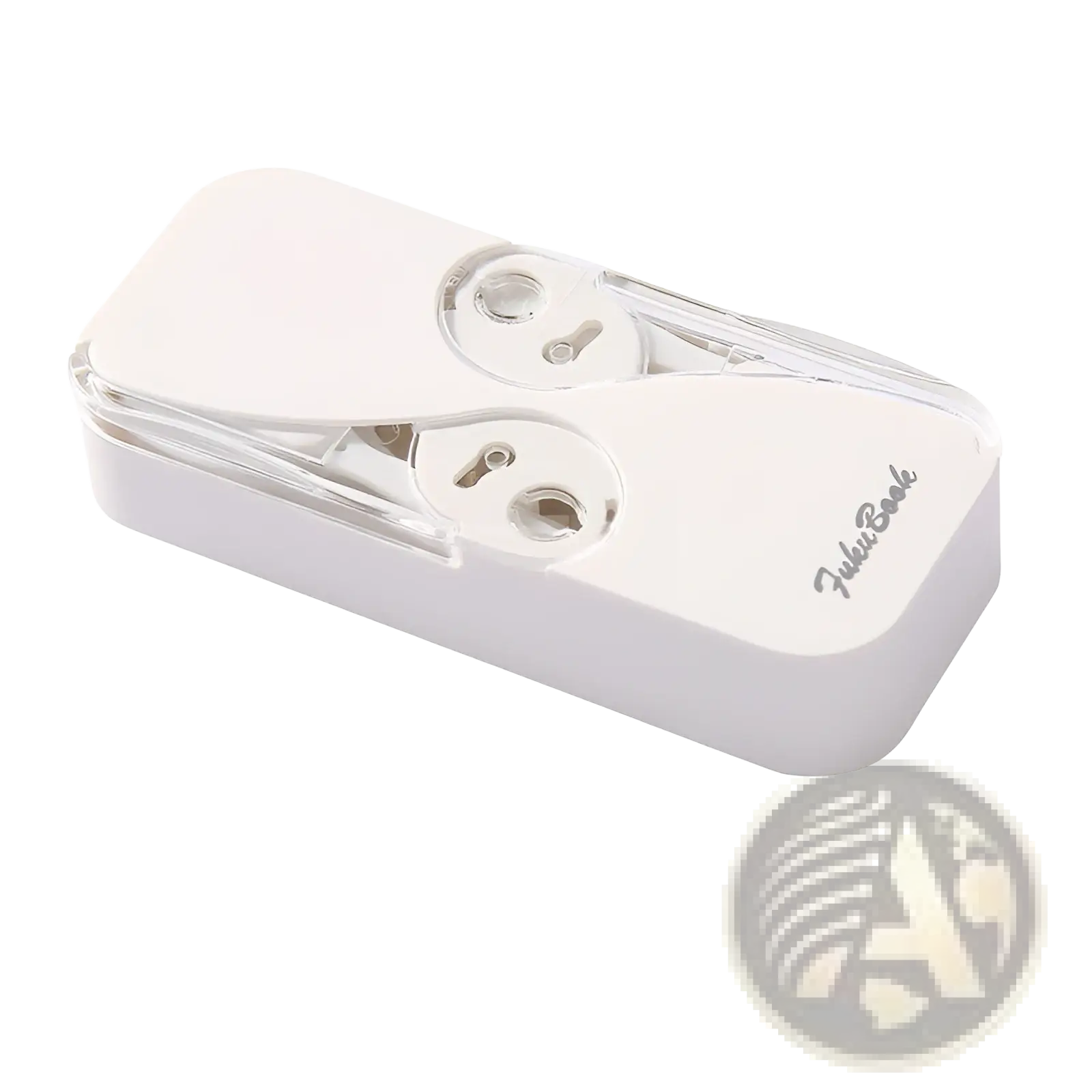 White plastic dental floss storage box with automatic pop up case and transparent lid featuring dual key slots