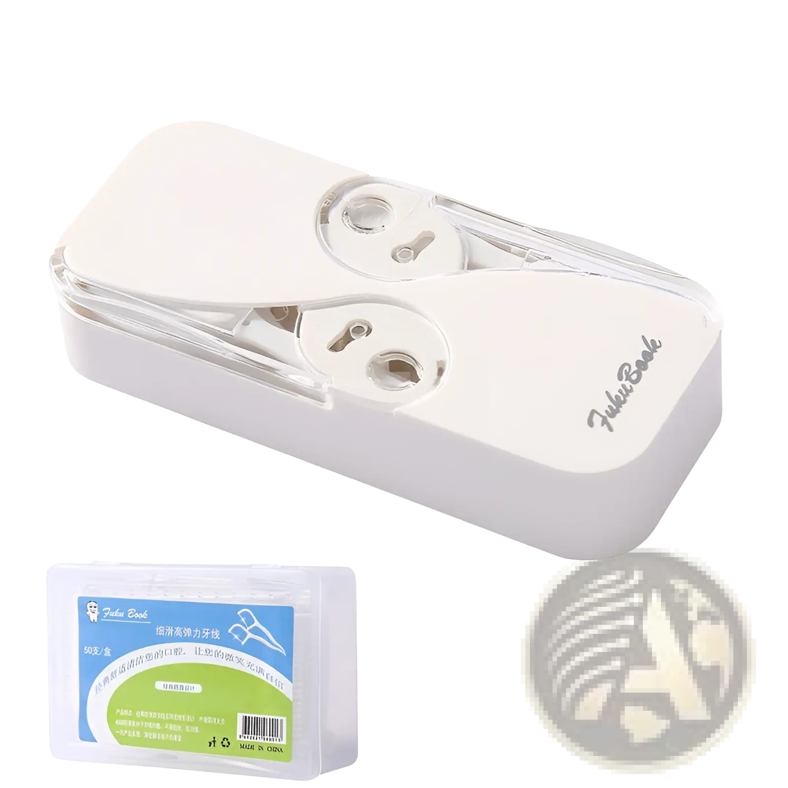 White plastic dental floss storage box with automatic pop up case clear lid and two circular access cutouts