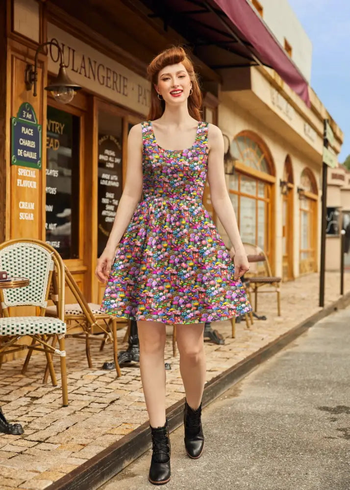 Desert Blooms sleeveless cotton fit and flare mini dress with vibrant multicolored floral print on soft purple fabric