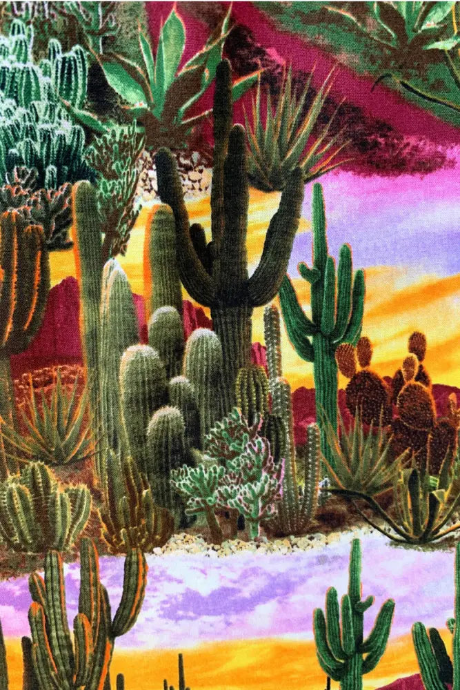 Desert dreams sunset cactus print a line cotton skirt featuring vibrant desert cactus fabric with colorful sunset backdrop