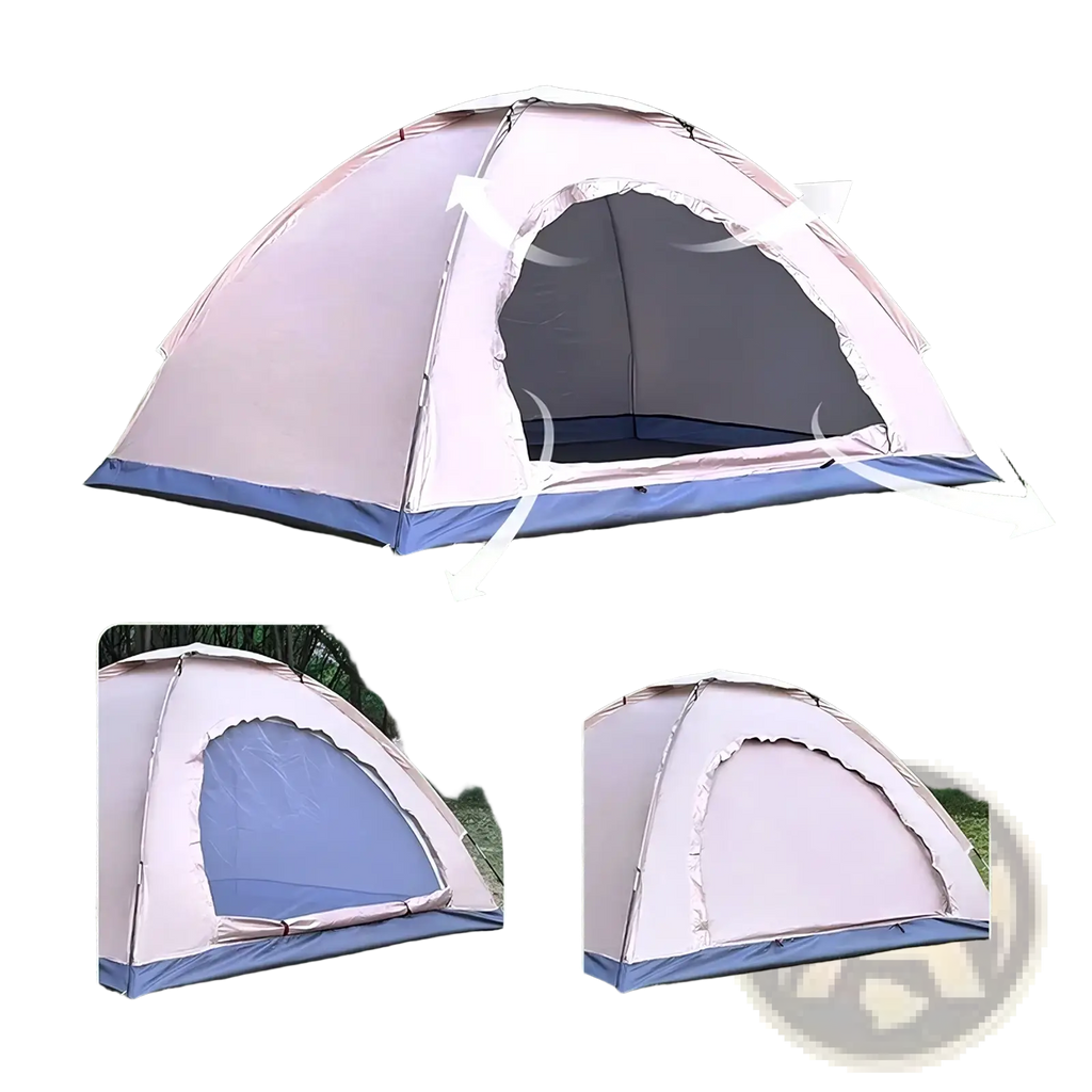 Beige and blue desert fox waterproof outdoor camping hiking tent with a screen door curtain option visible from the front