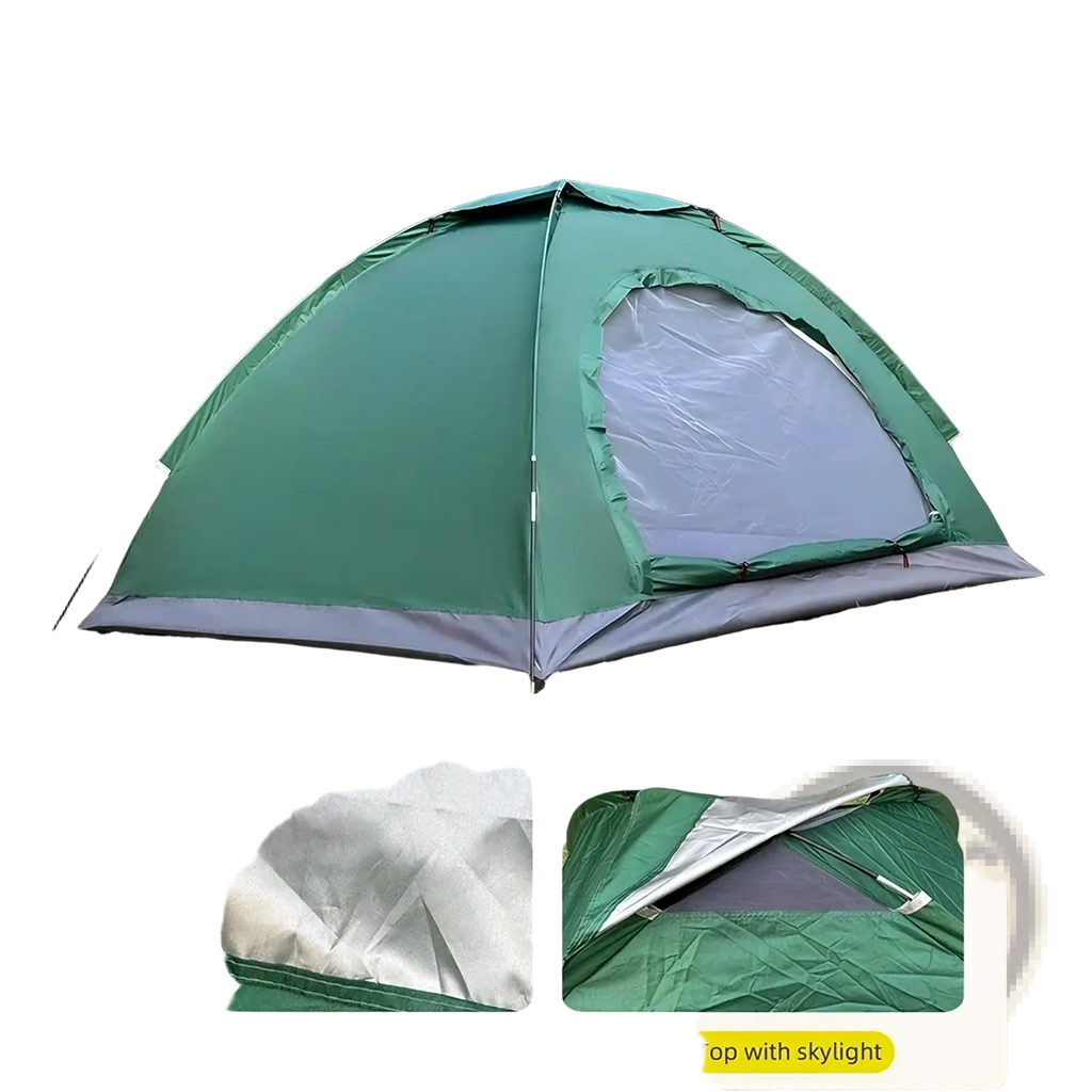Green and gray dome tent with translucent skylight panel for sun protection in Desert Fox waterproof outdoor camping tent