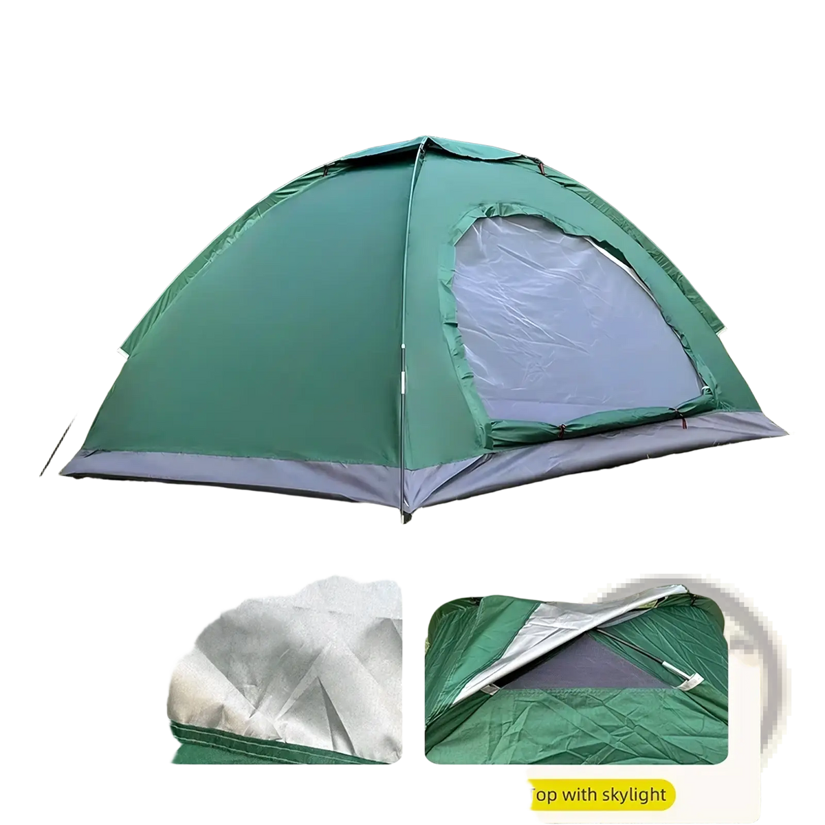 Green and gray dome tent with translucent skylight panel for sun protection in Desert Fox waterproof outdoor camping tent