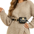 Black faux leather designer belt bag with gold-tone ring clasp and buckle for a luxury designer belt look