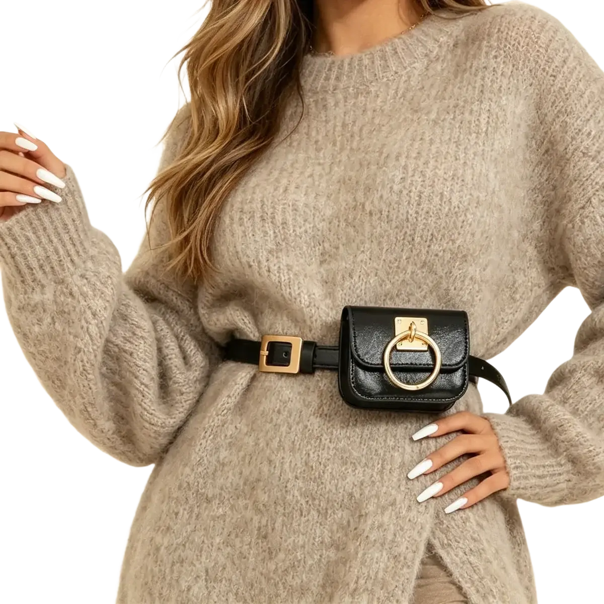 Black faux leather designer belt bag with gold-tone ring clasp and buckle for a luxury designer belt look