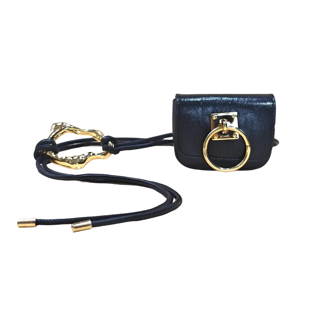 Navy blue leather designer belt bag mini crossbody with gold-tone ring and clasp hardware for luxury belt bag high style