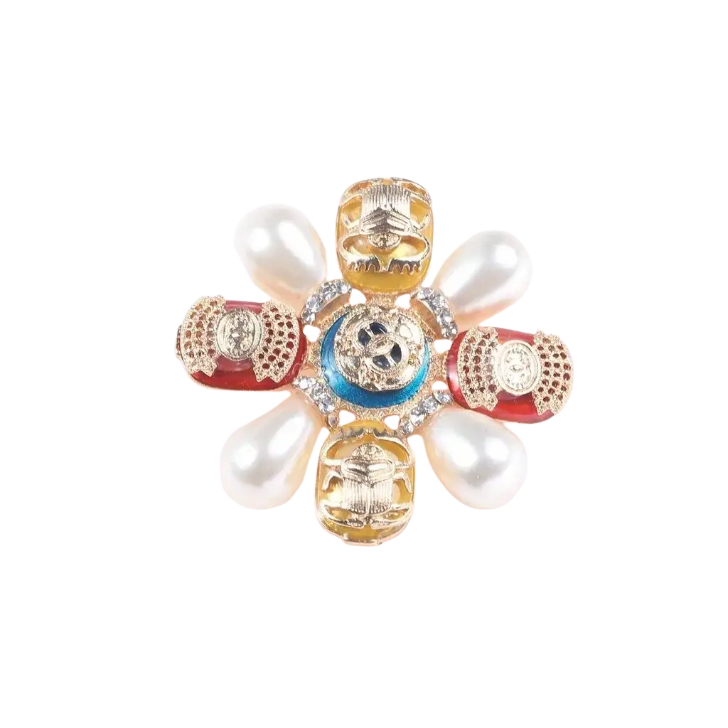 Designer pearl brooch beetle rhinestone pin with gold-toned scarab beetles and red enamel star-shaped detailing