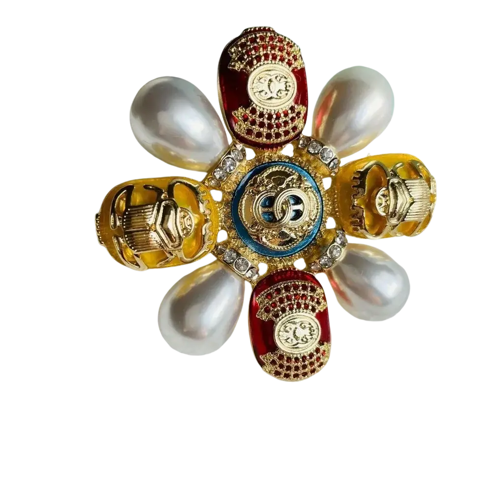 Designer pearl brooch beetle rhinestone pin with blue enamel medallion gold cc logo red and yellow enameled accents