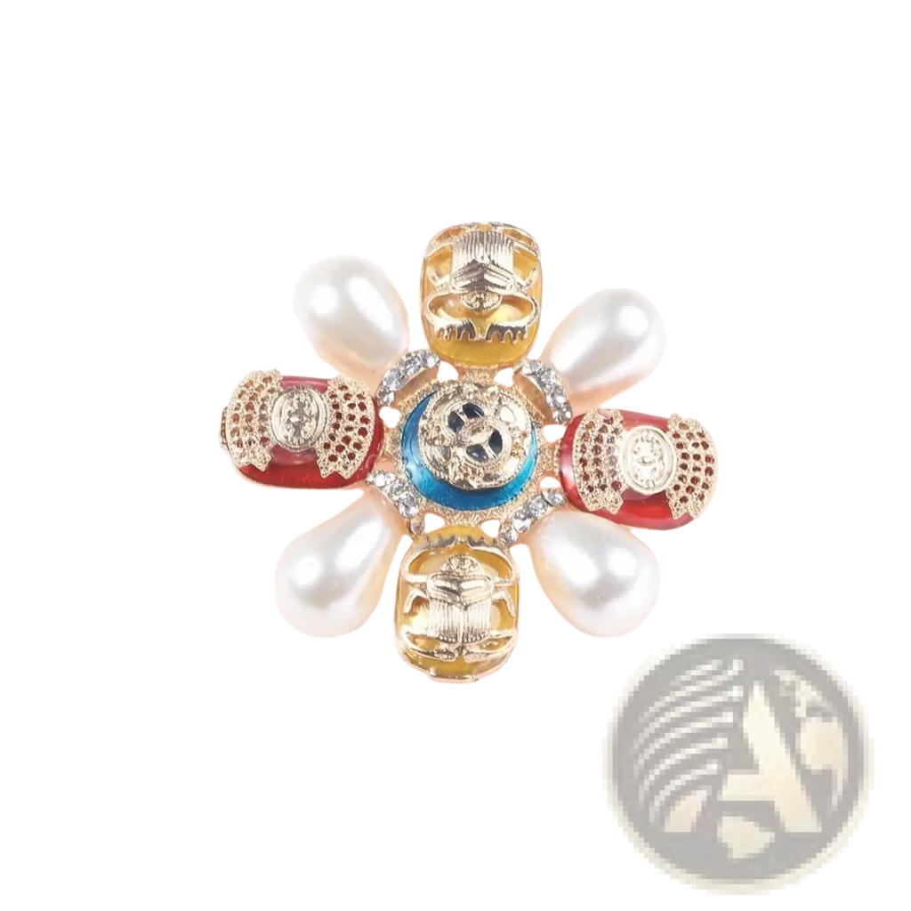 Designer pearl brooch beetle rhinestone pin with gold-toned scarab beetles and red enamel star-shaped detailing